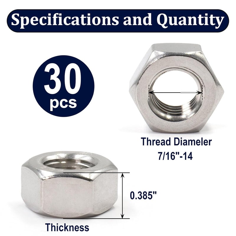 ZQZ 7/16"-14 Hex Nuts,30 Pack 304 (A2-70) Stainless Steel Hardware Nuts,Standard Inch Coarse Thread Nuts - Image 2